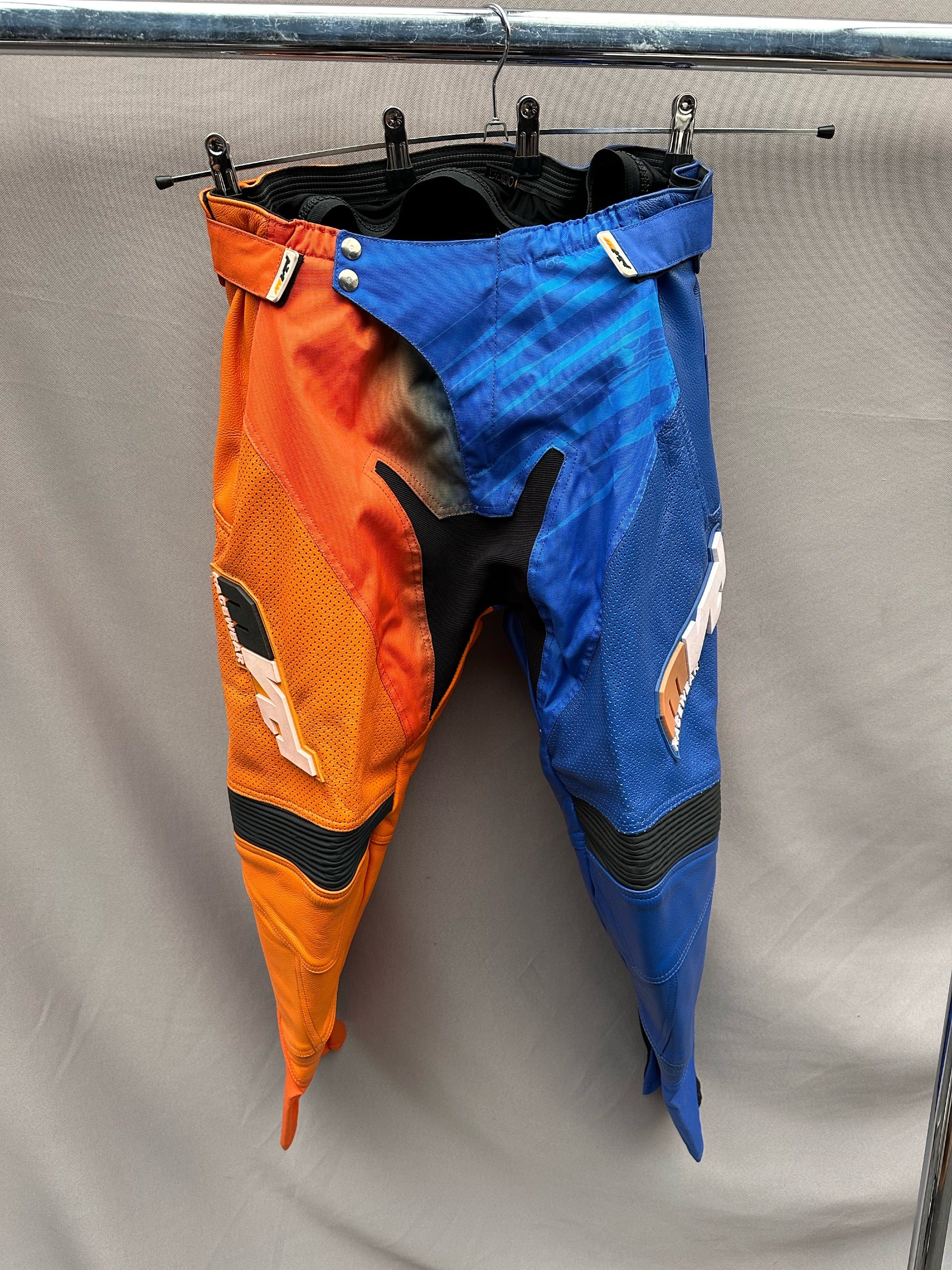 Distressed Blue & Orange Leather Pants with Character [L]